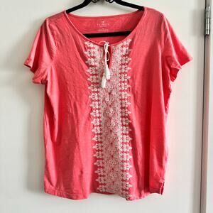 Talbots Blouse Top Pink Drawstring Tassel Embroidered Cotton Short Sleeve Sz 1X